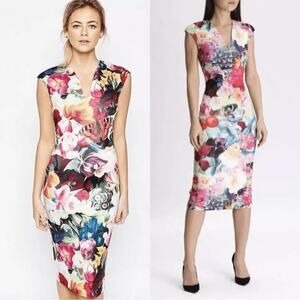 Ted Baker Odeela Bodycon Midi Dress TB Size 5 (US 12) Floral Multicolor Swirl